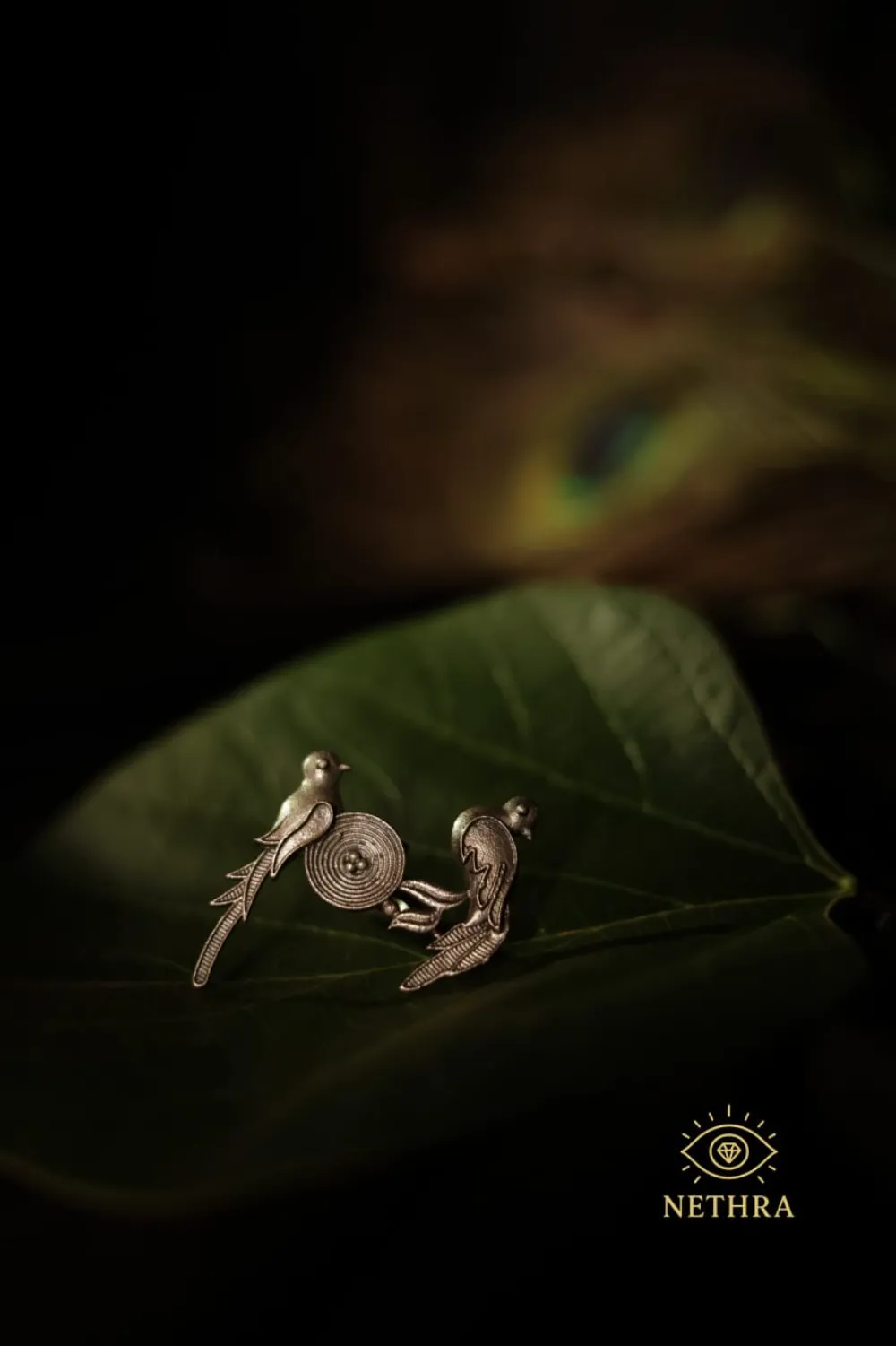 Oxidized Silver Parrot Motif Necklace – Traditional Temple Style
