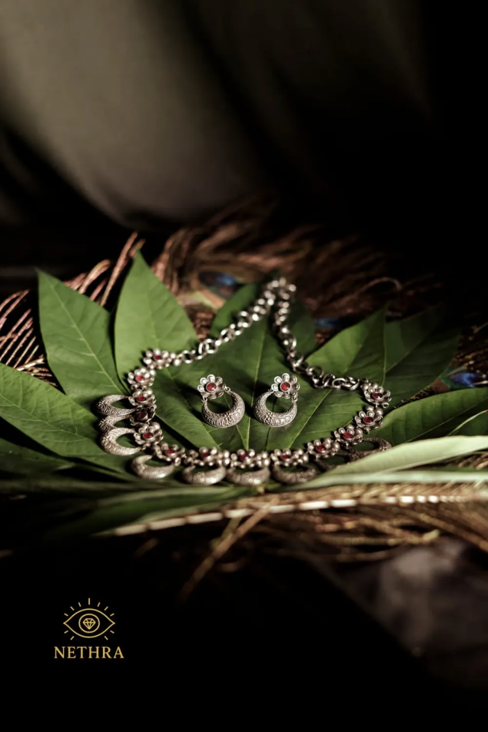 Oxidized Silver Crescent Necklace Set with Earrings