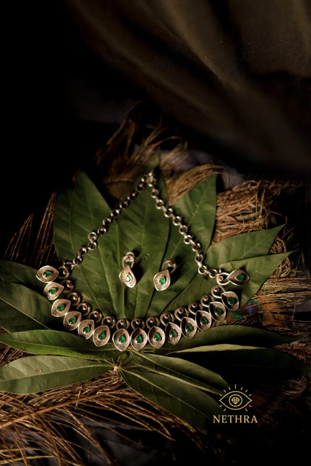 Oxidized Silver Green Stone Leaf Necklace Set with Earrings