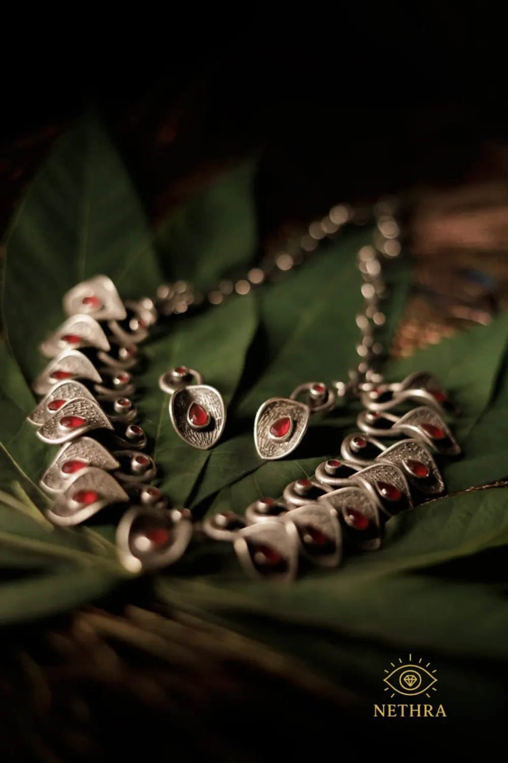 Oxidized Silver Red Stone Leaf Necklace Set with Earrings