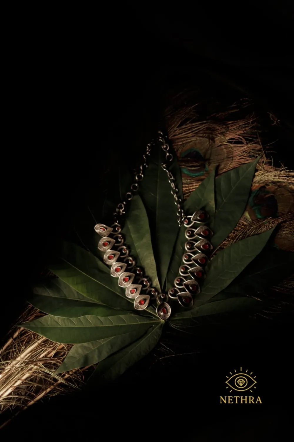 Oxidized Silver Red Stone Leaf Necklace Set with Earrings
