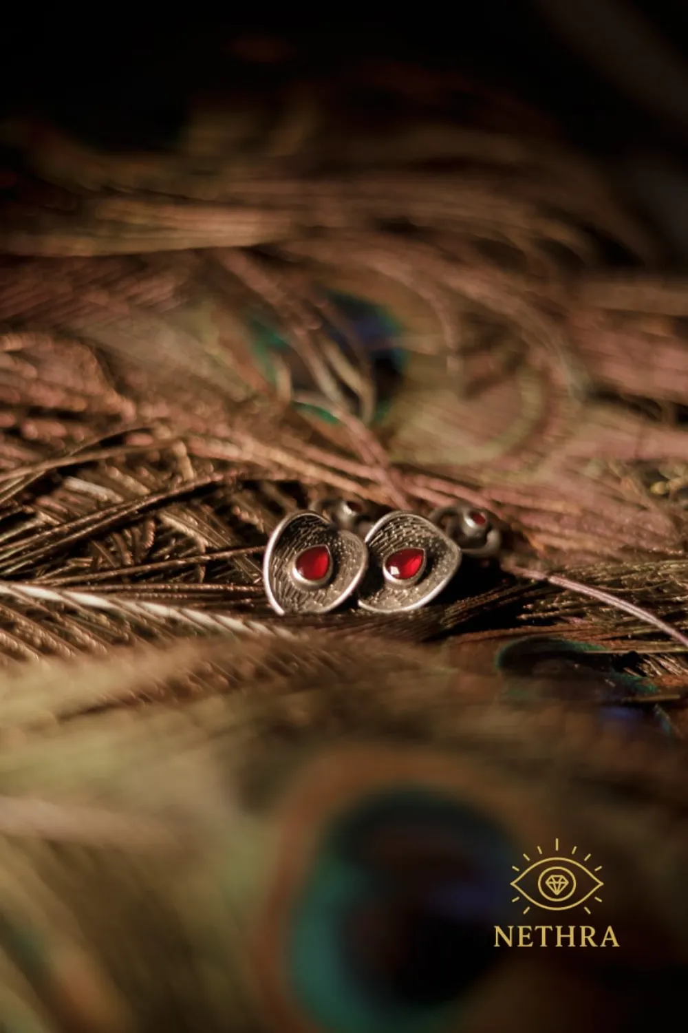 Oxidized Silver Red Stone Leaf Necklace Set with Earrings